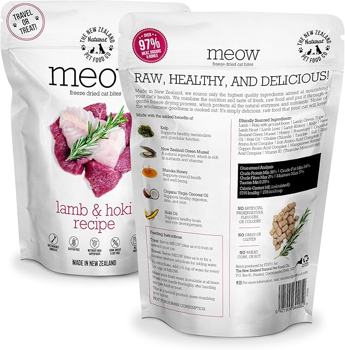 The New Zealand Natural Pet Food Co Meow Freeze Dried Cat Food - Lamb & Hoki Recipe, High Protein Treats, Meals & Toppers, Dry Cat Food,1.76 oz
