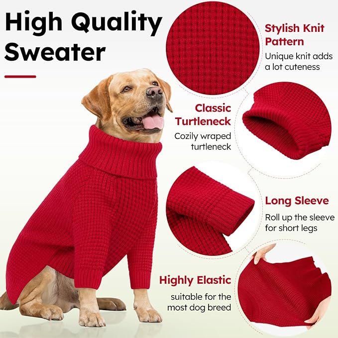 Queenmore Dog Sweaters for Medium Dogs, Waffle Knit Doggie Sweater with Long Sleeve, Dog Sweaters for Medium Dogs, Cat Christmas Sweater, Red M