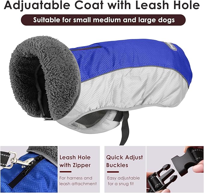 Dog Coat, Waterproof Ripstop Dog Winter Jacket with Leash Hole, Reflective Adjustable Warm Pet Fleece Snow Sweater for Small Medium Large Dogs - Blue, 2XL