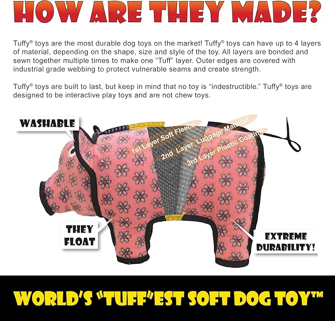TUFFY - World's Tuffest Soft Dog Toy - Ocean Stingray - Squeakers - Multiple Layers. Made Durable, Strong & Tough. Interactive Play (Tug, Toss & Fetch). Machine Washable & Floats. (2 Pack)