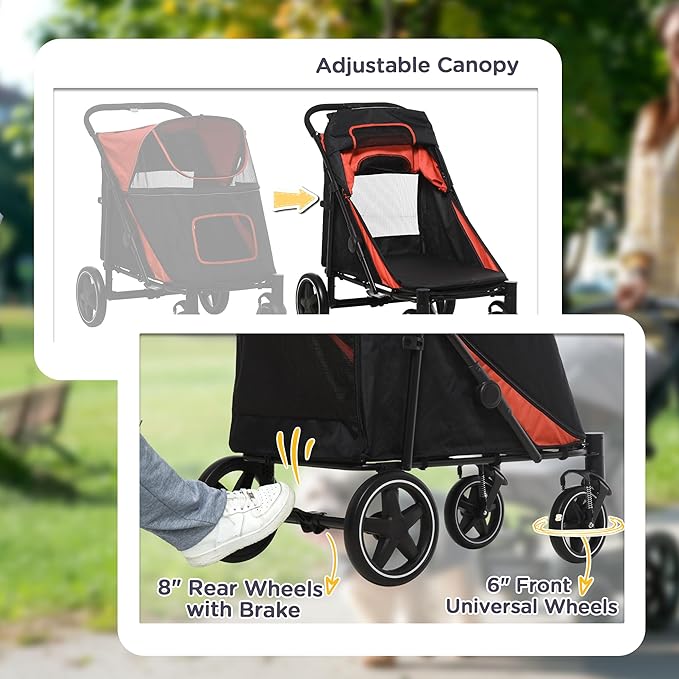 PawHut Dog Stroller for Large Medium Small Dogs up to 66 Lbs. 23.5" in Body Length, One-Click Foldable Pet Cat Stroller with Storage, Shock Absorption Wheels, Mesh Window, Safety Leash, Red