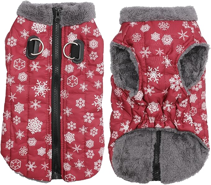 Warm Fleece Dog Coats with Durable Harness Buitl in D-Ring,Waterproof Doggie Jacket for Medium Dogs,Dog Vest for Cold Winter,Red,Snow Pattern XL