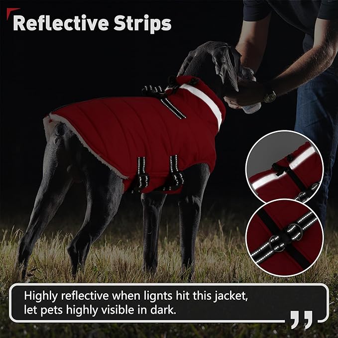 Dogcheer Dog Coat with Harness, Waterproof Dog Jacket Adjustable Pet Winter Coat with Zipper, Christmas Puppy Snow Jacket Fleece Sweater for Small Medium Large Dogs - Red 2XL