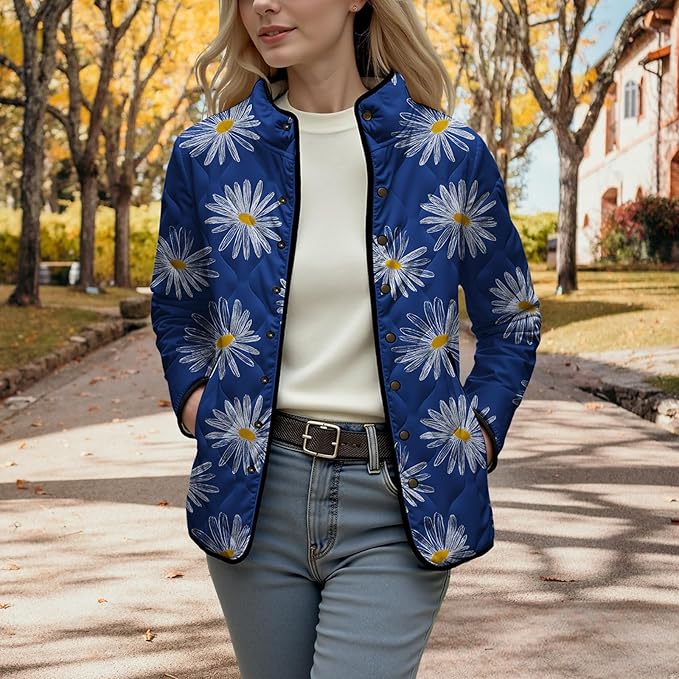 LIZALIG Women's Cropped Puffer Jacket Lightweight Floral Print Long Sleeve Padded Quilted Puffy Cardigan Coat