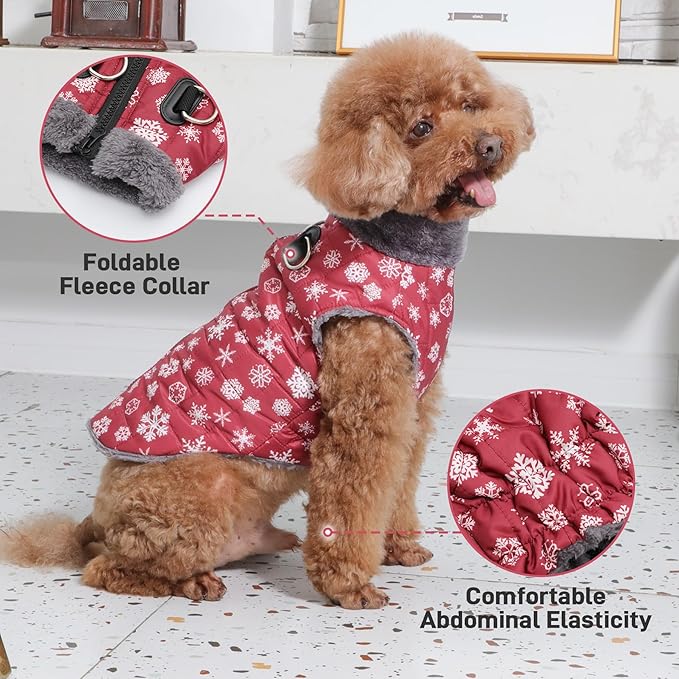 Warm Fleece Dog Coats with Durable Harness Buitl in D-Ring,Waterproof Puppy Jacket for Small Dogs,Dog Vest for Cold Winter,Red,Snow Pattern M