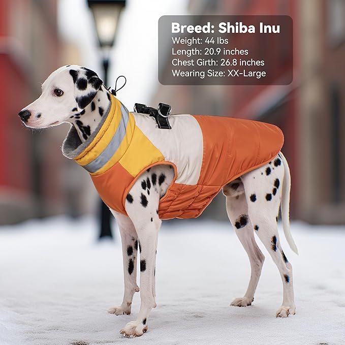 Dog Winter Coat, Reflective Dog Coats for Large Dogs, Waterproof Windproof Pet Clothes Jacket with Harness Built in, Warm Cold Weather Coats, Dogs Snowsuit Vest, Orange XX-Large