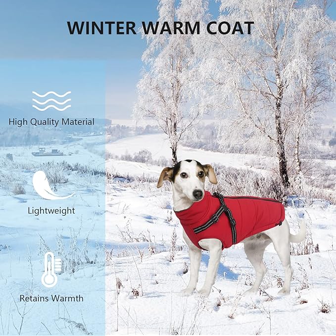Geyecete Winter Warm Coat Waterproof Dog Jacket with Harness Traction Belt, Pet Outdoor Jacket - Red - XXL