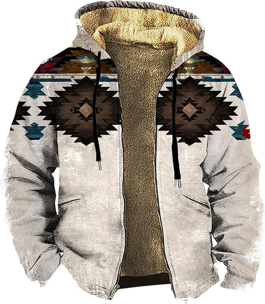 Men's Zip Up Jackets Western Style Ethnic Hoodie Hooded Vintage Long Sleeve Warm Coat Winter Outfits
