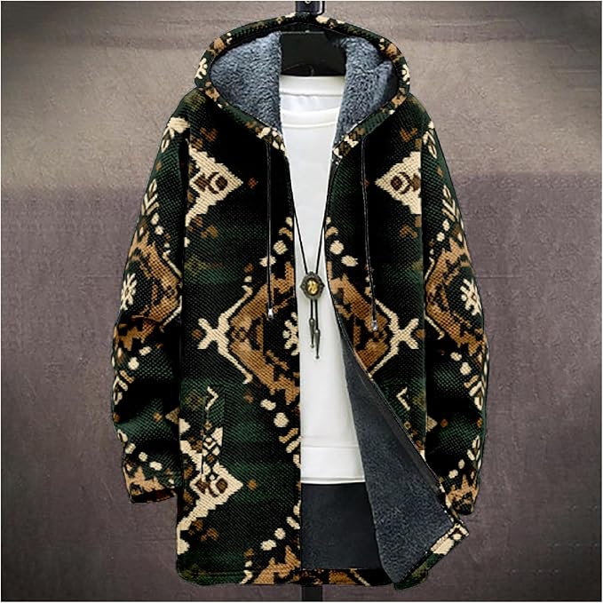 Mens Aztec Print Hoodie Heavyweight Cotton Fleece Jacket Zip Up Warm Long Sleeve Hooded Winter Midi Coat
