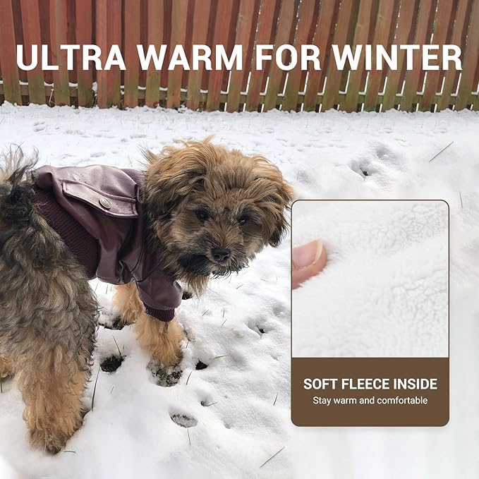 LESYPET Dog Leather Jacket for Small Dogs, Waterproof Dog Winter Jacket Puppy Coat with Fleece Lined, Ultra Warm Fur Collar Doggie Coat, Red X-Large