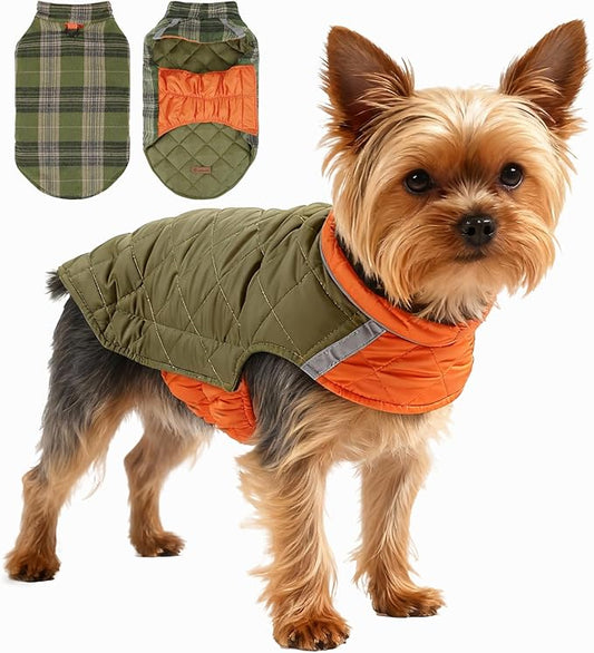 Quilted Dog Winter Coat, Plaid Lined Reversible Vest, Reflective Safety Strip, Cold Weather Pet Apparel Army Green XS