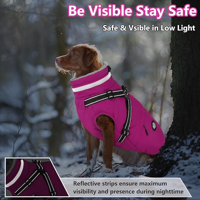 Dogcheer Dog Coat with Harness, Waterproof Dog Jacket Christmas Pet Winter Coat with Pockets, Reflective Doggy Turtleneck Fleece Jacket for Small Medium Large Dogs - Pink, 2XL