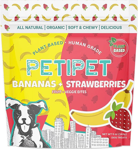 PETIPET Bananas+Strawberries Plant-Based Fruit Dog Treats - Strawberry, Apple, Banana Soft & Chewy Treats - Healthy, Vegetarian, Vegan - Organic Ingredients, Low-Protein, Hypoallergenic, Gluten-Free