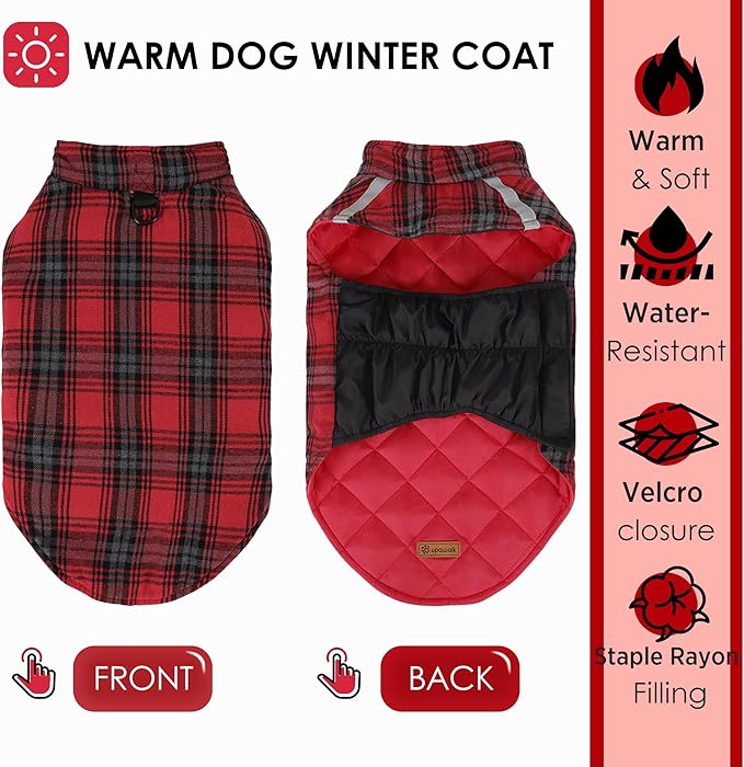 Quilted Dog Winter Coat, Plaid Lined Reversible Vest, Reflective Safety Strip, Cold Weather Pet Apparel Red XXS