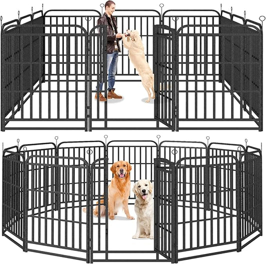 Square Steel Pipe Dog Fence Outdoor 12 Piece Panels 40" Height Anti-Rust Heavy Duty Dog Playpen with Doors Portable for Yard RV Camping, Total 27FT, 57 Sq.ft, Snowy Black