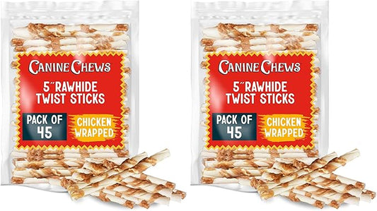 Canine Chews Chicken-Wrapped Rawhide Twists for Dogs - Pack of 90 U.S.A. Sourced Chicken Wrapped Rawhide Dog Treats, Sticks for Dogs - Premium & Natural Beefhide Chews