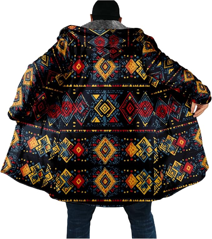 Mens Aztec Print Hoodie Heavyweight Cotton Fleece Jacket Zip Up Warm Long Sleeve Hooded Winter Midi Coat