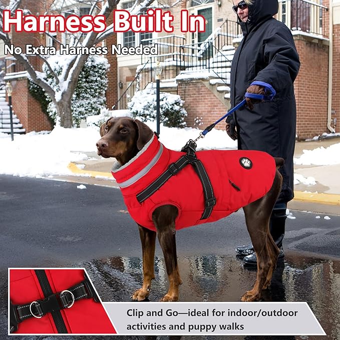 Dogcheer Dog Coat with Harness, Waterproof Dog Jacket, Christmas Puppy Winter Coat with Pocket, Reflective Doggy Turtleneck Puffer Vest for Small Medium Large Dogs - Red, M