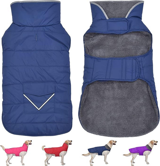 Dog Coat, Waterproof Dog Winter Jacket with Pocket, Reflective Adjustable Pet Snow Vest, Warm Cozy Fleece Sweater for Small Medium Extra Large Dogs - Blue, 3XL
