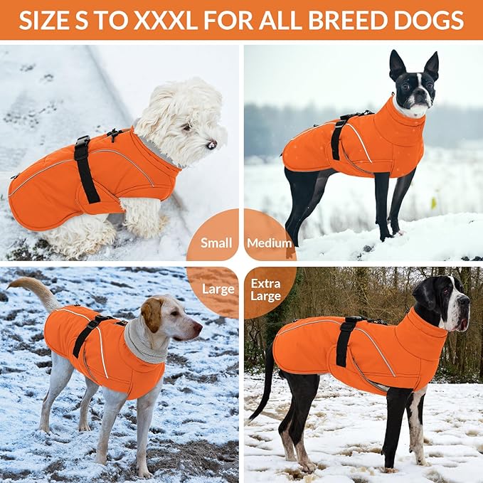 Queenmore Winter Dog Coat Warm Dog Jacket Vest Waterproof Puffer Fleece Snowsuit Adjustable Buckle Leash Hole Reflective Cold Weather Parka for Small Medium Large Dogs Girl Boy Orange XXL