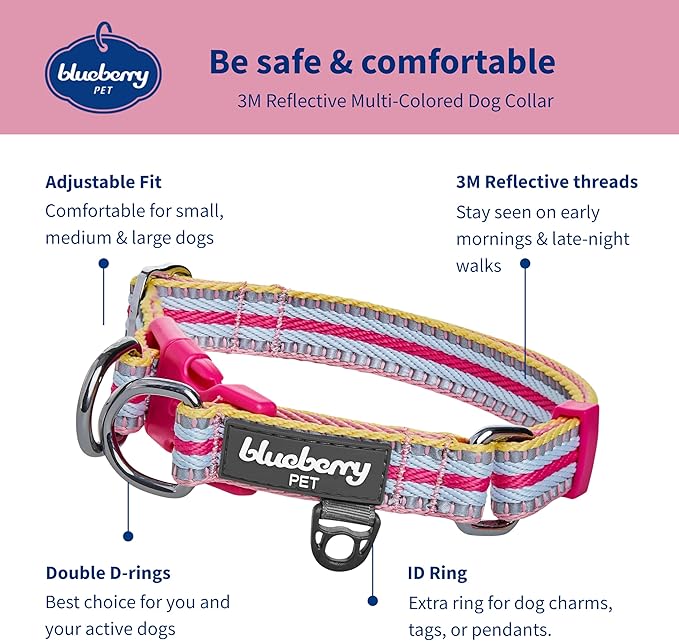 Blueberry Pet Safety Dog Collar with Dual D-Rings | 3M Reflective Multi-Colored Adjustable Collar in Pink and Pastel Blue | Soft Nylon Dog Collar for Active Small Dogs