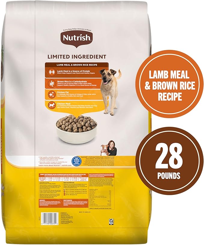 Nutrish Limited Ingredient Lamb Meal & Brown Rice Recipe Dry Dog Food, 28 lb. Bag, Packaging May Vary (Rachael Ray)