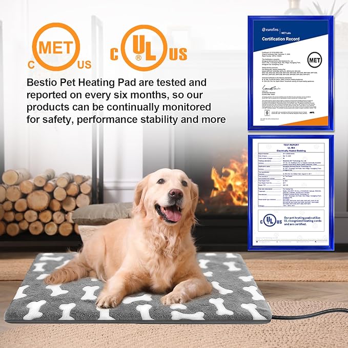 Bestio Pet Heating Pad 22x 18 in Waterproof Heated Cat Bed Adjustable Thermostat Normally ON Function Metal Protective Tubing with a Plush Cotton Cover - Gray