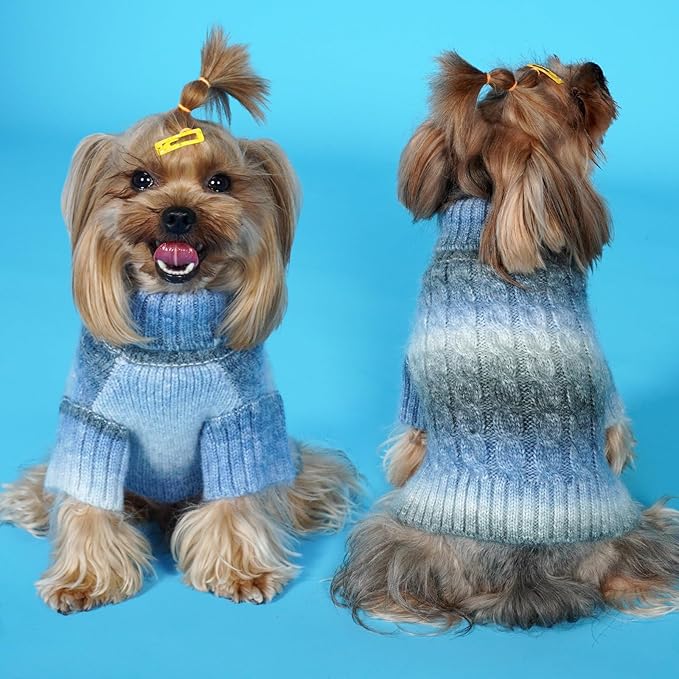 KYEESE Dog Sweater for Small Dogs Thick Dog Knitwear Turtleneck Warm with Sleeves Fuzzy Dogs Clothes Gradient Color, Blue, Medium