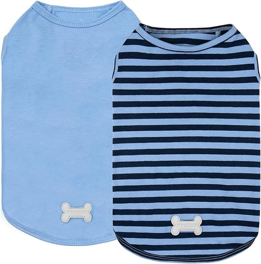 KYEESE 2Pack Dog Shirts Striped T Shirt Soft Tee for Small Dogs Cotton Tank Top Clothes Lightweight Sleeveless Dog Vest, X-Large,Dark Blue+Striped