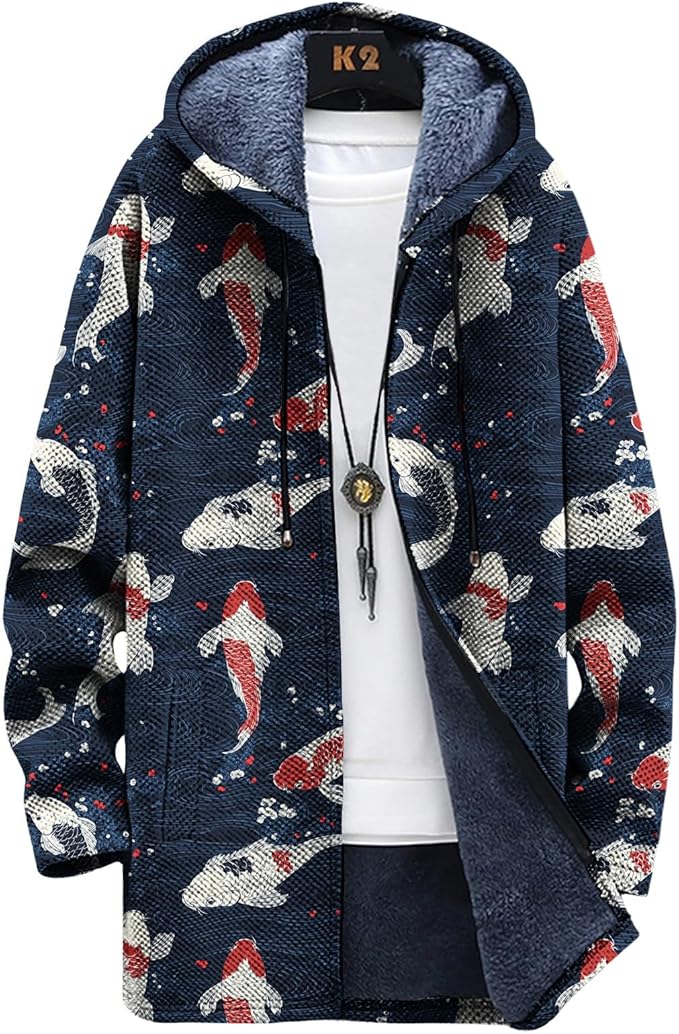 Mens Long Cardigan Hoodies Full Zip Fleece Lined Jackets Fashion Knitted Color Block Hooded Coat with Pockets