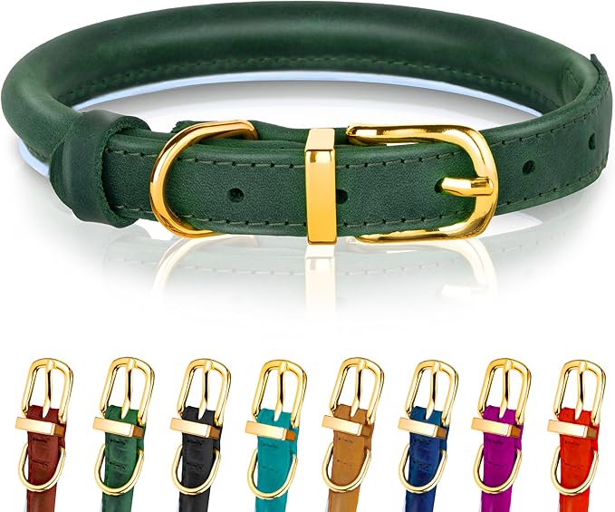 OOPSDOGGY Reflective Rolled Leather Dog Collar Adjustable Soft Padded Pet Collar for Small Medium Large Breed Dogs (Green, XXS, 7"-9")