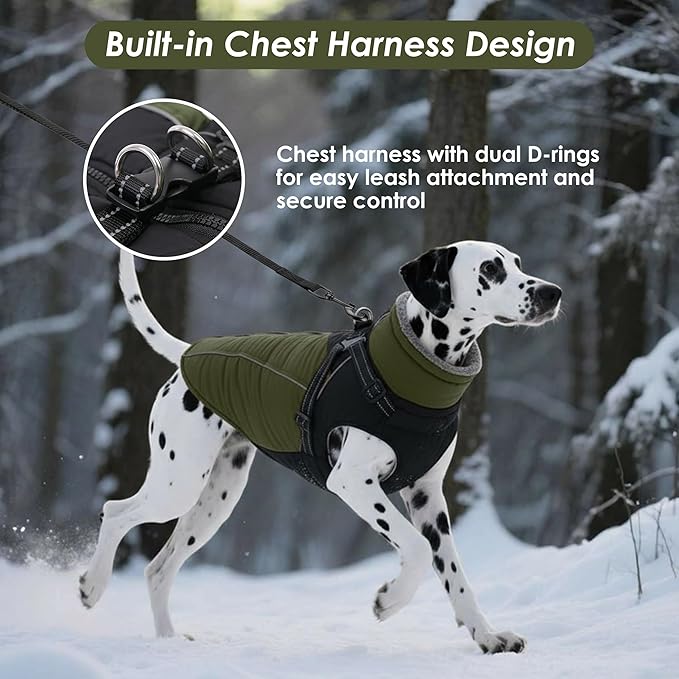 ASENKU Reflective Dog Coat with Built-in Harness, Windproof Fleece-Lined Dog Jacket for Small, Medium, Large Dogs, Warm Winter Vest with Turtleneck & Zipper (Green L)