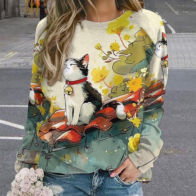 Womens Long Sleeve Tops Y2k Japanese Art Print Sweatshirts Fall Pullover for Women Crewneck Vintage Shirts Boho Tops