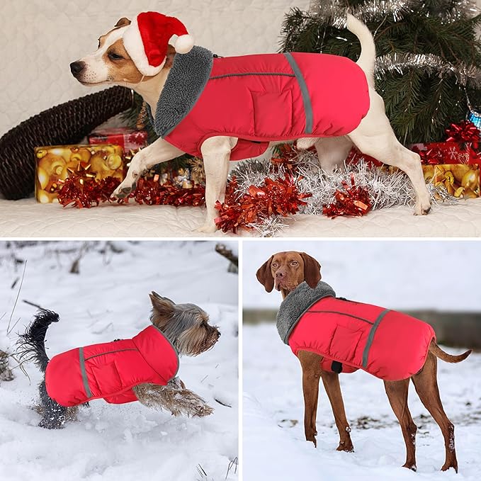 Dogcheer Warm Dog Coat, Christmas Dog Jacket Waterproof Puppy Winter Coat with Buckles, Reflective Adjustable Pet Snow Jacket Turtleneck Fleece Sweater for Small Medium Large Dogs - Red, S