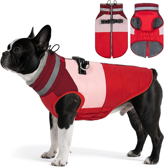 Dog Coats for Small Dogs, Waterproof Warm Dog Winter Jacket with Harness Built in, Reflective Puppy Cold Weather Coats Zip-up Pet Vest with Fleece Lined Dogs Snowsuit, Red Small