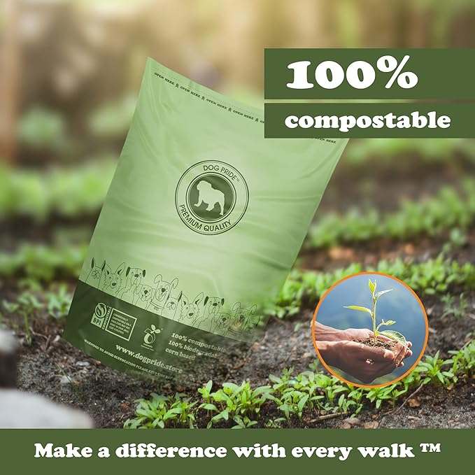 Dog Pride 240-Count Certified Compostable Dog Poop Bags, Unscented Pet Waste Bags with Handles, ASTM D6400 Eco-Friendly Disposal, 9" x 13" Leak-Resistant