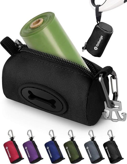 Gobeigo Dog Poop Bag Holder for Leash, Large Opening for Easy Pull Out, Doggy Poo Bag Dispenser with Used Waste Bag Carrier Suitable for Any Retractable Leash with 15 Unscented Bags (Black)