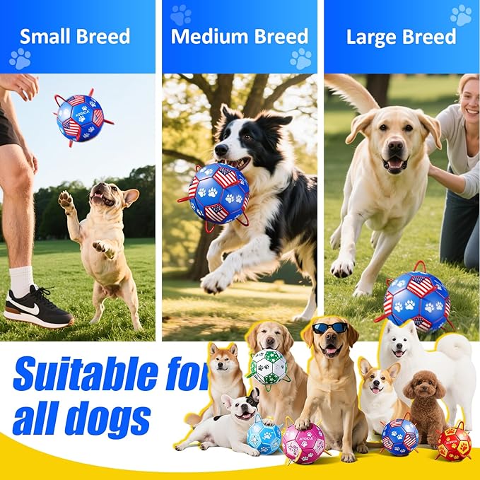 Size 2 Dog Soccer Ball with Straps Durable Training Ball for Pets Interactive Outdoor Dog Toy, Blue & Red, Paw Prints Flag Design, for Small to Medium Puppies, Pet Supplies
