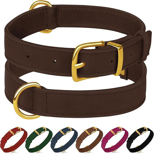 Leather Dog Collar - Heavy Duty Adjustable Soft Padded Pet Collars for Small Medium Large Dogs Breed - Black Green Brown Pink Red Blue (Brown, L, 15"-19" Neck Fit)
