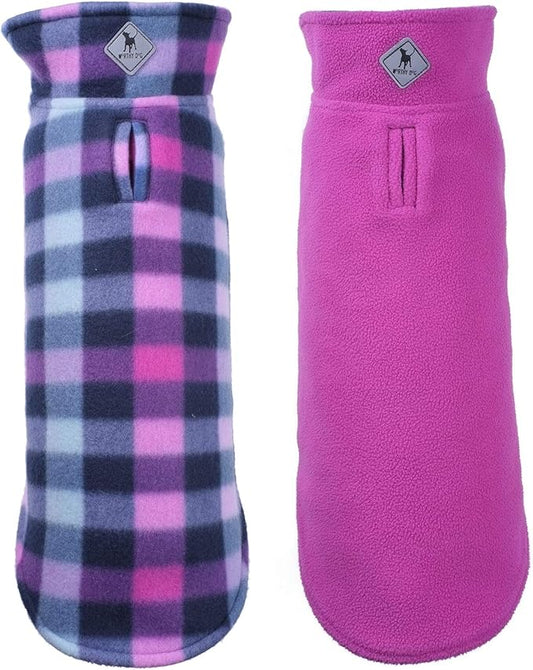 The Worthy Dog Fargo Fleece Check Dog Jacket, Adjustable Reversible with Harness Hole, Wind-Resistant, Winter Outdoor Clothes for Pets, Purple - 14''