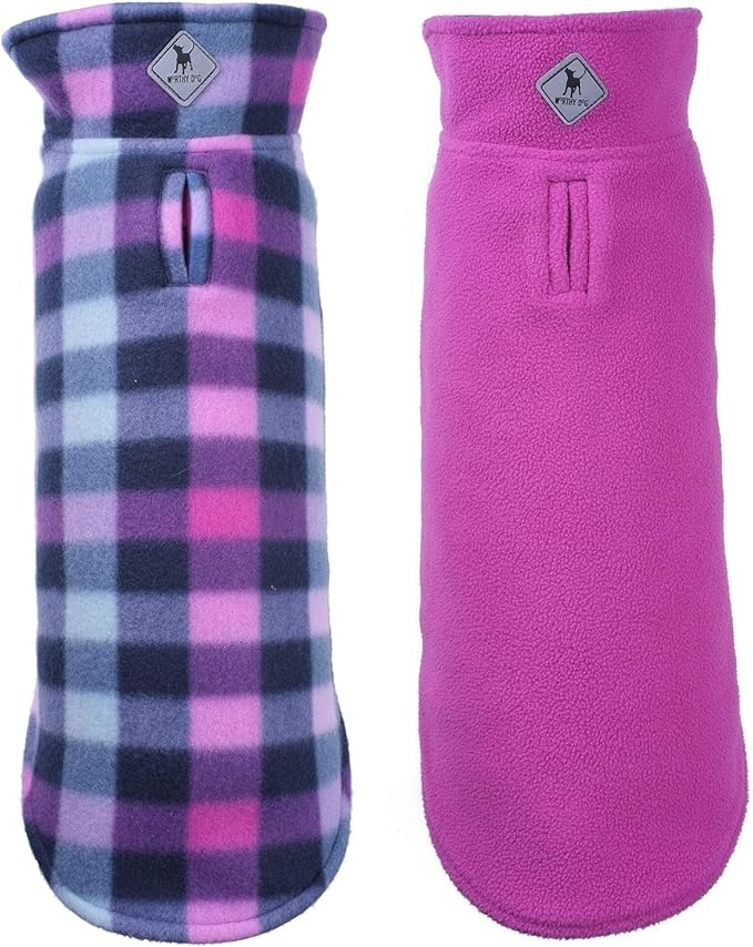 The Worthy Dog Fargo Fleece Check Dog Jacket, Adjustable Reversible with Harness Hole, Wind-Resistant, Winter Outdoor Clothes for Pets, Purple - 20''