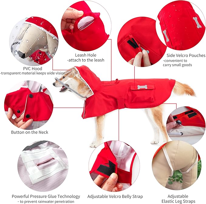 Dog Raincoat,Waterproof Rain Poncho with Hoodie, High Reflective Adjustable Pet Rain Jacket with Leash Hole for Small Medium and Large Dogs (Red, Large)