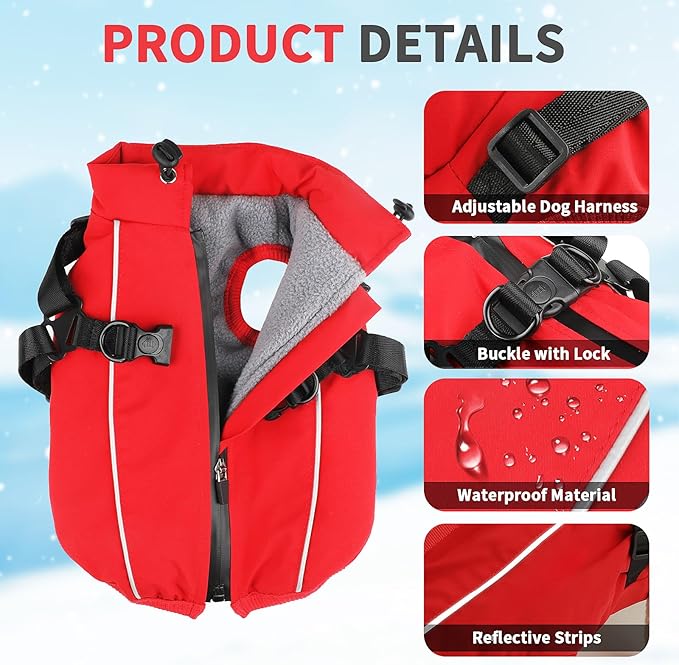 Dog Winter Coat Reflective Water-Resistant Jacket, Fleece Lined Windproof Puppy Coat with Back Zipper & D-Ring, Cold Weather Dog Coats for Small Medium Large Dogs (XL, Red)