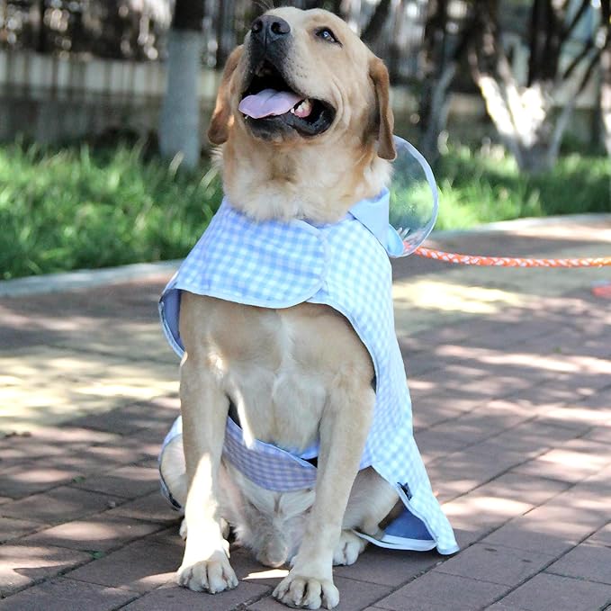 MAMORE Dog Raincoat Reversible,Waterproof Dog Rain Coat Hooded Slicker Poncho with Reflective Strip, Plaid Double Layer Rain Jacket for Small Medium Large Dogs (Light Blue, Small)