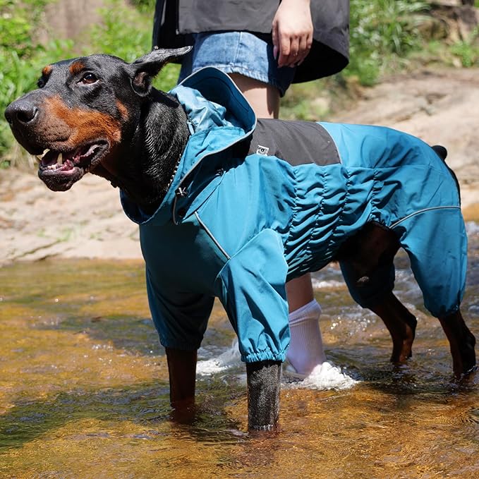LOVELONGLONG Waterproof Dog Raincoat with Removable Hood – Outdoor Full Body Dog Jacket, Windproof Snowproof Shell Suit – All Season Pet Rain Gear Ocean Teal XXS