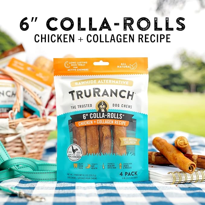 TRURANCH Collagen Rolls - 6" Collagen Rolls for Dogs - Long Lasting Healthy Joint Support - Rawhide Alternative - Skin & Coat Health - Made with Real Chicken, Value Pack, 3 Bags, 12 Count