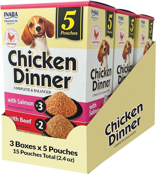 INABA Chicken Dinner for Dogs, Soft Pate Wet Dog Food, Complete & Balanced, 2.4 oz. Pouch, 15 Pouches, Salmon & Beef Variety