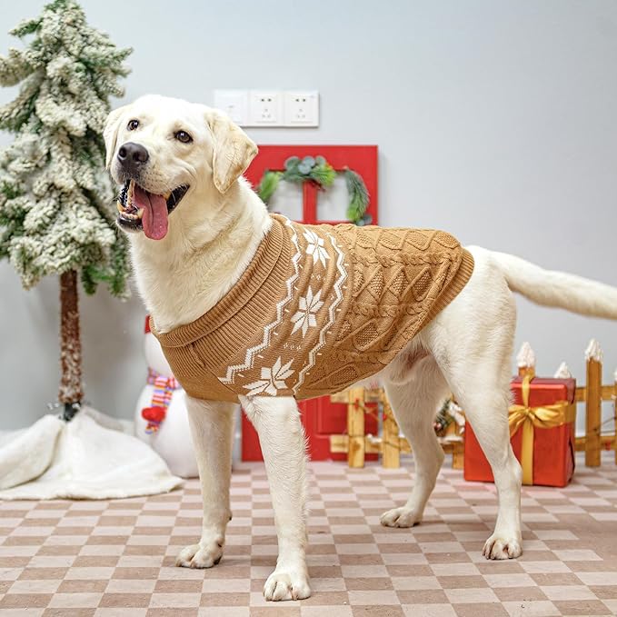 Warm Winter Dog Sweater - Cold Weather Pet Clothes for Small Medium Large Dogs Indoor Outdoor, Soft Classic Knit Puppy Apparel, Khaki, L
