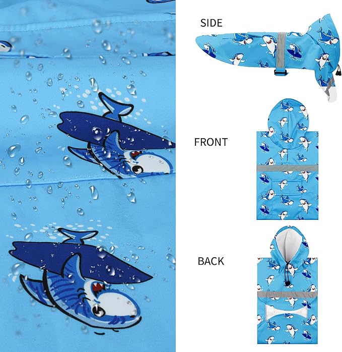 NACOCO Large Dog Raincoat Adjustable - Pet Shark Water Proof Clothes Lightweight Rain Jacket Poncho Hoodies with Strip Reflective Blue (L, Blue Shark)