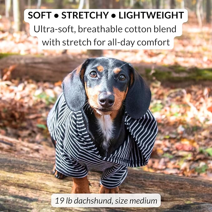 DJANGO Dog Hoodie – Warm, Lightweight, Soft & Stretchy Dog Sweater with Hood, Harness Hole & Elastic Waistband – Cozy Sweatshirt for Small Dogs up to 25 lbs, Dachshunds & Puppies – Black, X-Small
